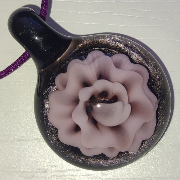 Glass Art Pendant on Purple String Rose Flower Floral Vintage Signed Academia - Picture 1 of 10